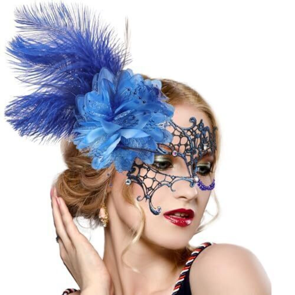 3435 Blue Masquerade Masks - 1920s 50s Vintage Feather Mask with Royal Blue